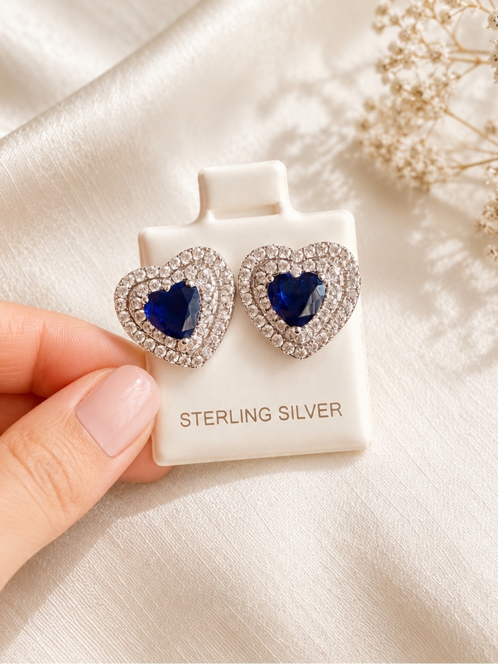 Sterling Silver Blue Heart Halo Stud Earrings | Cubic Zirconia | Elegant